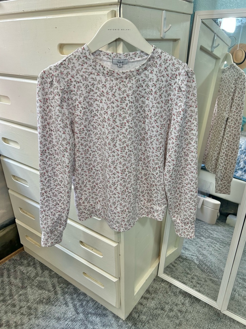 Nordstrom Rails Floral Ditsy Print Gathered Long-Sleeve Cotton Blend Crew Neck